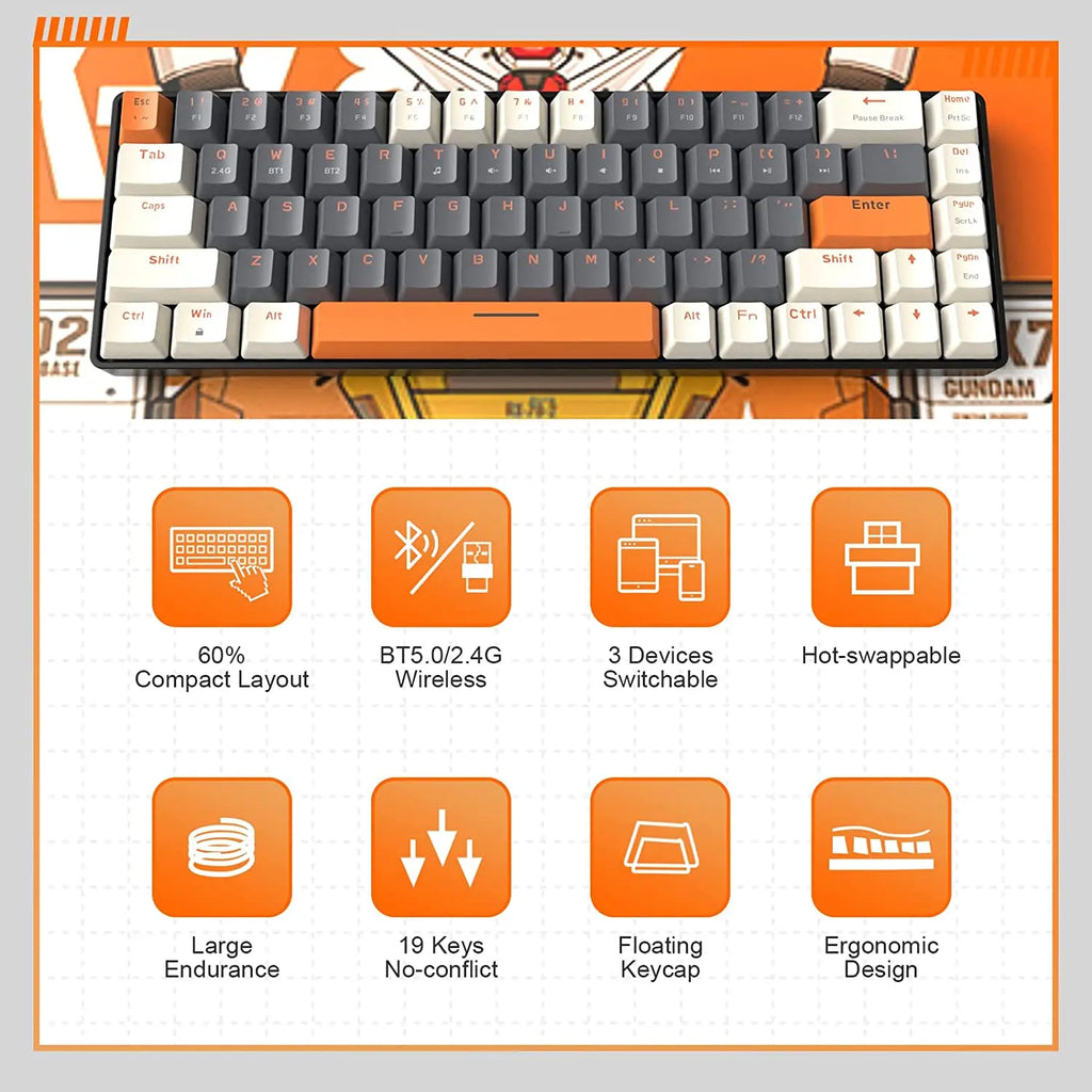 Gaming Keyboard RK68 60% Wireless Mechanical Keyboard, Bluetooth
